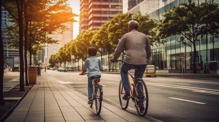 Father and son ride bicycle father day concept
