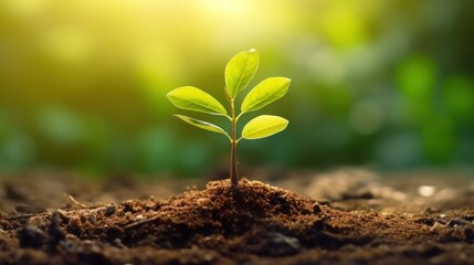 Little plant growing against sunrise with blur background