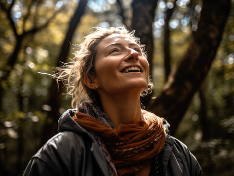 Woman with her face up and her eyes closed and with a smile, she has her arms outstretched in the middle of a forest on a sunny day, enjoying freedom and nature, mindfulness