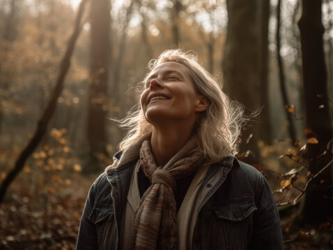 Woman with her face up and her eyes closed and with a smile, she has her arms outstretched in the middle of a forest on a sunny day, enjoying freedom and nature, mindfulness