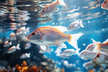 Obraz premium lot of small fish in the sea under water / fish colony, fishing, ocean wildlife scene