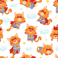Funny Cat Superhero Wearing Mask and Cloak Vector Seamless Pattern