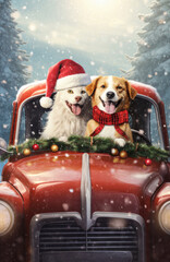 Happy dogs in a car at Christmas