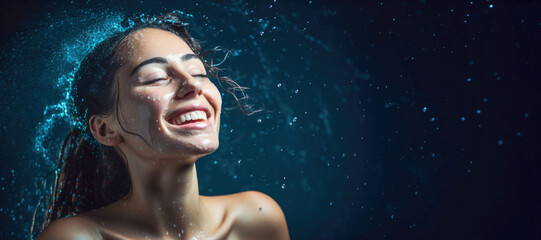 Smiling fictional white woman with black hair applying water splash in the face on a light blue background with copy space. Concept of skincare, staying hydrated, youthful skin and happiness. 