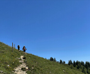 Zwei Bergwanderer von hinten auf einem Pfad unterwegs zur Rampoldplatte, Mangfallgebirge, Alpen,...