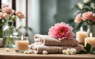 Fototapeta na wymiar Bath towels, lit candles, pink flowers. Spa salon background. Relaxation and selfcare. Copy space.