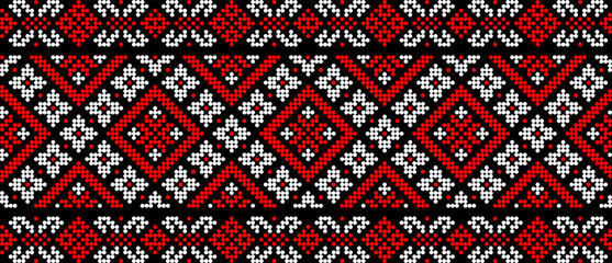 Vector illustration of Ukrainian ornament in ethnic floral style, identity, vyshyvanka, embroidery for print clothes, websites, banners. Background. Geometric design, frame for text, copy space