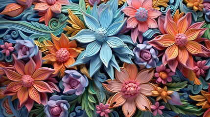 3d multicolored flowers three-dimensional painting background. flower ornament  AI