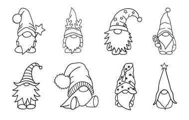Set of little gnomes. Funny bearded garden dwarves. Cute christmas elves with beard, mustache and hat. Line vector illustration