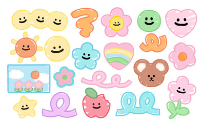 Doodle drawings, kid colouring style of summer elements, picnic icons, logo, flowers, nature, garden, tattoo, sticker, rainbow, apple, teddy bear, heart, cartoon character, fabric print