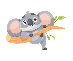Cheerful Koala Animal with Large Ears and Pretty Snout Climb Tree Branch Vector Illustration