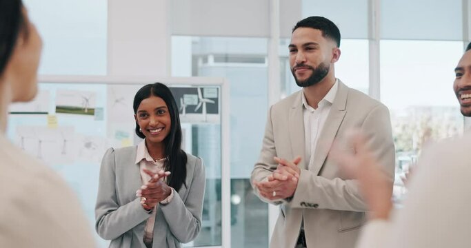 Happy businessman, handshake and applause in promotion, b2b or team agreement at office. Business people shaking hands and clapping in greeting, introduction or partnership for deal at workplace