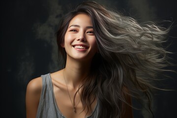手を頭に乗せた笑顔のアジア女性、グレーの背景で。ポートレート写真。 - obrazy, fototapety, plakaty