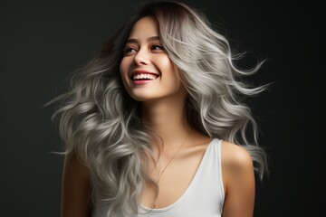Fototapeta premium 笑顔のアジア人女性、グレーの背景で。ポートレート写真。
