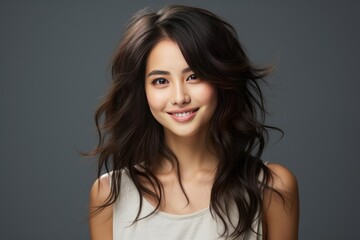 Fototapeta premium 笑顔のアジア人女性、グレーの背景で。ポートレート写真。