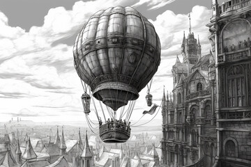 Obraz premium Steampunk manga drawing: Hot air balloon (airship)