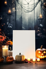 Blank Halloween card or invitation. Holiday vertical background with Halloween pumpkins, candles and blank paper sheet with space for your text of party invitation. Generative AI