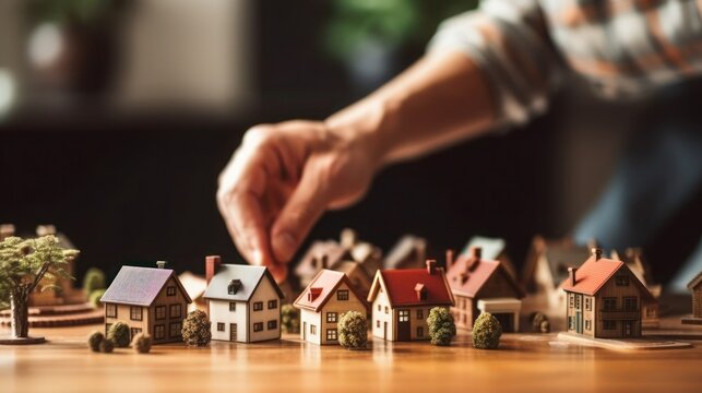 Hand pointing to mini house real estate concept