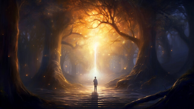 A man with Beautiful glimmering light guiding the path of dreams foot path through a fairy tale woodland leading to a bright eternal light, dream world surrealism 