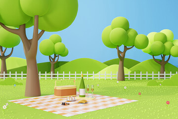 Picnic setup composed of basket with food, sandwiches, croissant and champagne - 3D illustration