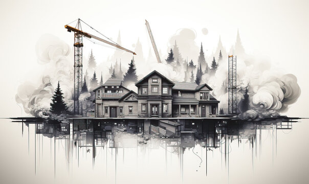 Black and white image of a house under construction.