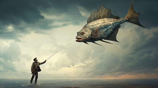 A man flying giant fish in the sky, surrealism or dream digital artwork concept