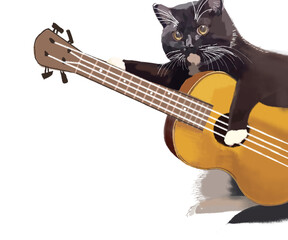 Transparent file. Cat with a guitar on the left, free space for text