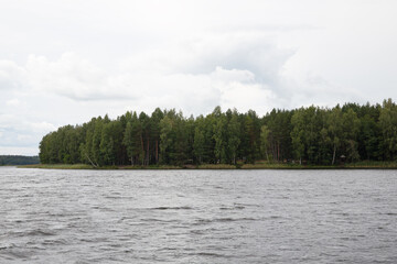 lake and lakeshore covered with forest on a cloudy summer day