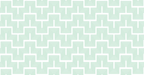 Simple geometric vector seamless pattern with green embroidery motifs line texture on white background. Light modern simple wallpaper, bright tile backdrop,  graphic element