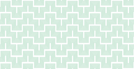 Simple geometric vector seamless pattern with green embroidery motifs line texture on white background. Light modern simple wallpaper, bright tile backdrop,  graphic element