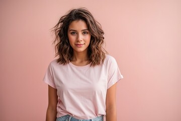 Funny young brunette woman girl in white t-shirt posing isolated on pastel pink wall background studio portrait
