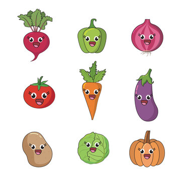 Set of healthy vegetable icons clean flat vector style Icon image of fresh tomato, broccoli, potato, onion