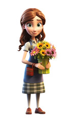 Girl holding flowers. 3D cartoon character. Isolated background, animated character.