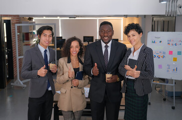 Group of business people standing together and thumbs up, different ethnicity  Asia, American and black African businessman