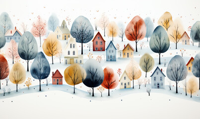 Colored houses, trees painted on a white background.