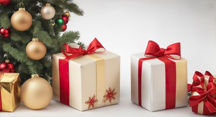 christmas presents with christmas decoration in front of white backdrop. Created with Generative AI.