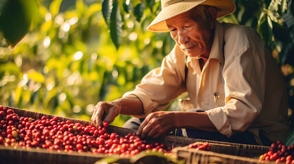 Male worker harvesting coffee bean in the plantation, farmers toil and dedication to the plantation...