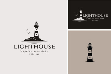 Searchlight Beacon Tower on Rock Cliff, Lighthouse Beach on Seashore Coast Island for Sea Ocean View Landscape Silhouette Illustration Classic Vintage Logo Design