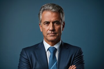 Portrait of mature businessman wearing suit on blue background