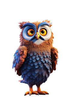 Owl 3D cartoon character. Isolated background, animated character.