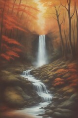 Waterfall in deep fall faorest. AI generated illustration