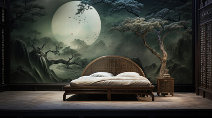 A dark Japanese-style bedroom with a full moon photo wallpaper on the wall.