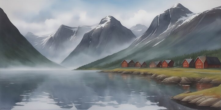 Nordic fjord landscape. AI generated illustration