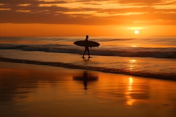 Fototapeta na wymiar silhouette surfer on the beach at sunset, man carrying surfboard walking on sandy shore at sunset, health lifestyle and sport