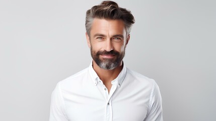 Obraz premium Portrait of a smiling man on a light gray background.