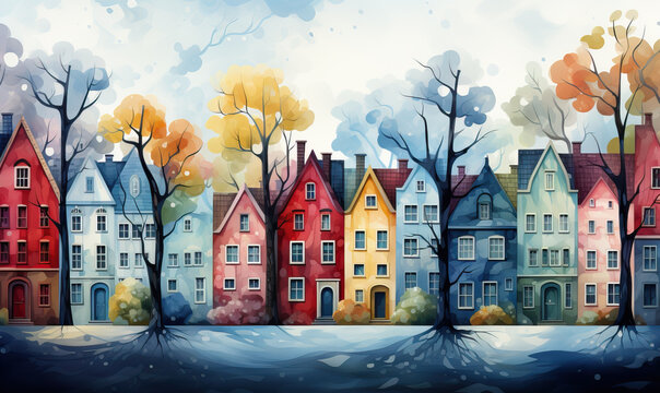 Drawn natural landscape with houses in colorful color.