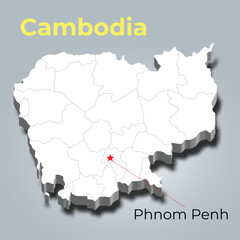Obraz premium Cambodia 3d map with borders of regions and it’s capital
