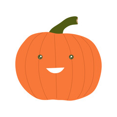 Happy pumpkin character. Cute and funny pumpkin with happy smiling face expression in childish or kids style. Autumn vegetable isolated on white background. Food in fall season. Flat vector illustrati