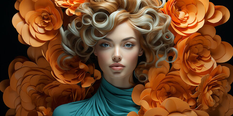 Schönes Model Gesicht einer Frau in türkis orangenen futuristischen Blumen Hintergrund und grandioser Visagistik Nahaufnahme als Poster im Querformat in Querformat, ai generativ