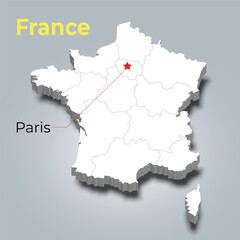 France 3d map with borders of regions and it’s capital